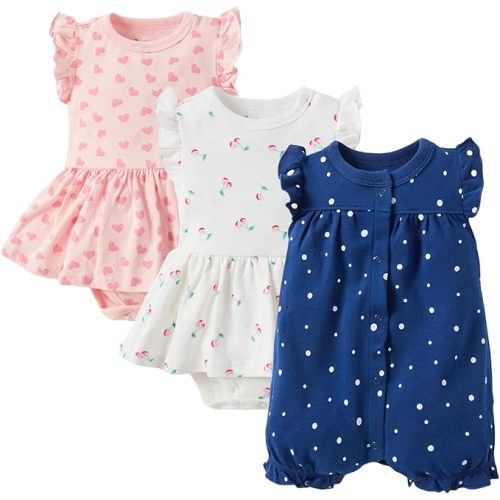 3-pack 100% Cotton Baby Girl Rompers, 0-24 months Ruffle Sleeve Toddler Romper Summer Clothes Set
