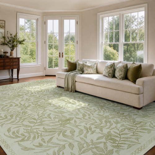 TURCURNO Washable Cream Green Dining Room Rug Foldable 9x12 Oversized Area Rugs for Living Room,Soft Vintage Non Slip Botanical Willow Leaf Boho Farmhouse Area Rug