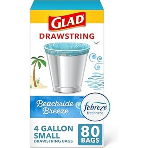 Glad Small Trash Bags 4 Gallon, Febreze Beachside Breeze Garbage Bags, Odor Resistant with Drawstring, 80 Count