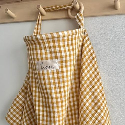 Nursing Cover for Baby Breastfeeding & Pumping | Multi Use Car Seat Stroller Cover | Breathable Soft Muslin Cotton | Breast Feeding Apron & Shawl by TISU (Mustard Gingham)