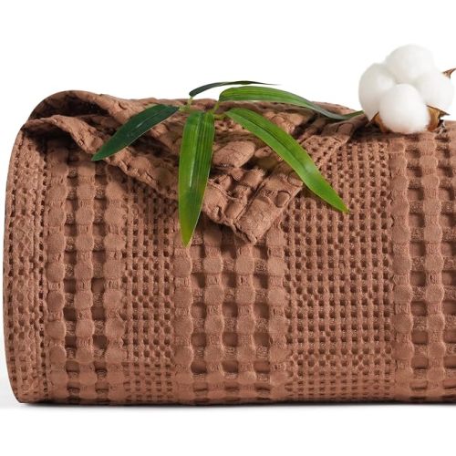 PHF Cooling Waffle Blanket King Size, Lightweight 60% Rayon from Bamboo & 40% Cotton Breathable Blanket for Hot Sleepers, Summer Use, Soft Luxury for Bed Couch Sofa, 104"x90", Terracotta