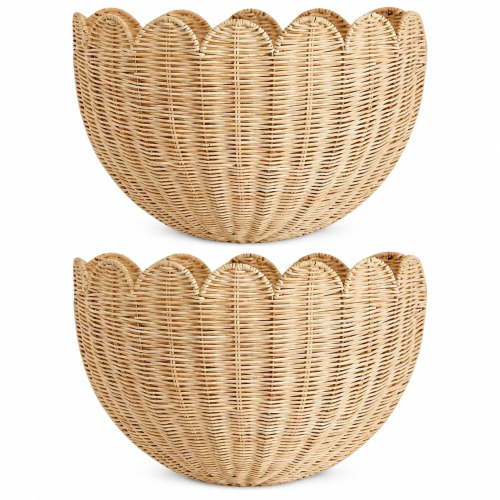 Scalloped Wall Basket Handwoven Natural Rattan Storage Organizer with Sturdy Metal Frame, Nordic Style Wicker Decor for Wall Storage