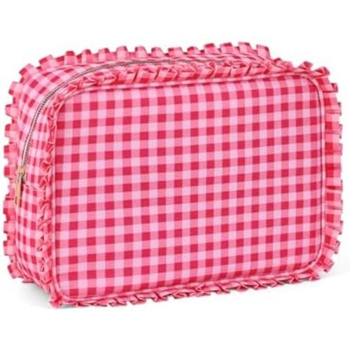 Gingham Ruffle Makeup Bag,Large Travel Cute Cosmetic Bag for Women Girls,Toiletry Bag Make up Organizer 10.8 x 4.5 x 8 inch (Red Gingham)