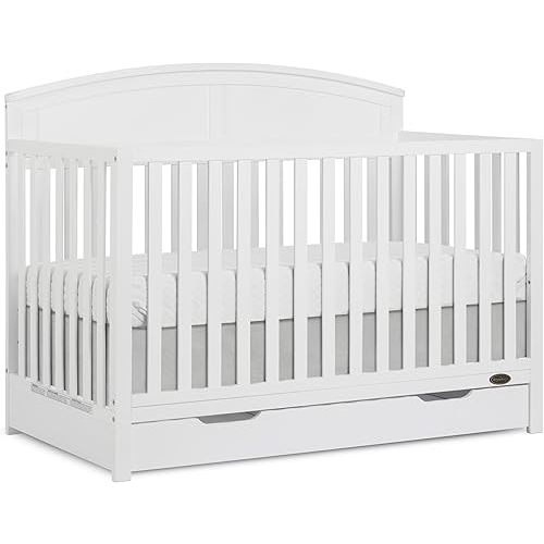 Dream On Me Storybrooke 5-in-1 Convertible Full-Size Crib with Under Drawer, White, GreenGuard Gold & JPMA, Convert to Toddler, Day & Full-Size Bed, 3 Mattress Heights, Sustainable Pinewood