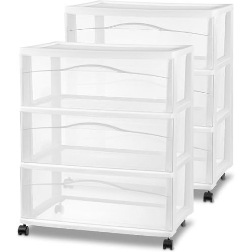 Sterilite 2-Pack Wide 3-Drawer Cart, Storage Closet Organizer with Wheels, White - Plastic Drawers and Containers for Bedroom, Cabinet, Clothes, Dresser, and Kitchen Pantry Organization