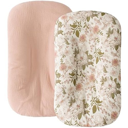 Little Jump Organic Cotton Muslin Baby Lounger Covers, 2 Pack, Soft Removable Slipcovers for Newborn Infant Lounger, for Girls Boys, Coffee Checkered (Teddey Bears & Kakhi)