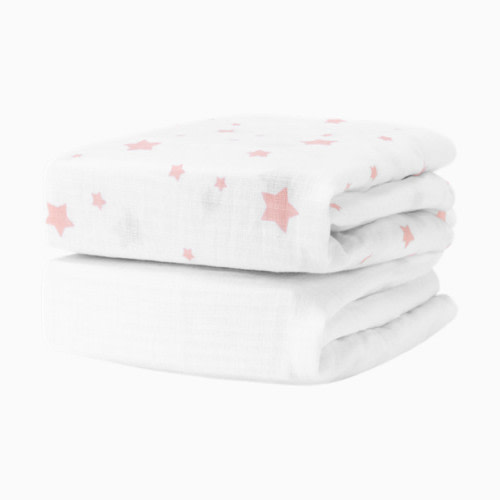 2-Pack Organic Cotton Breathable Crib Sheets - Stardust In Blush Coral + Solid White
