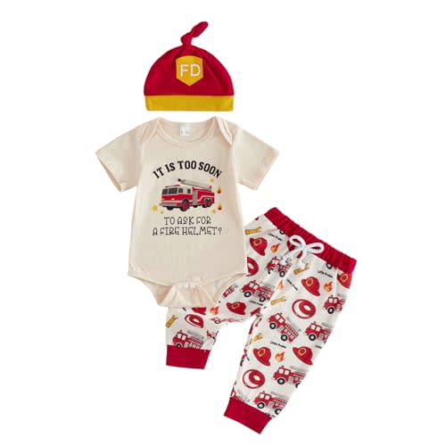 GOOCHEER Newborn Baby Boy Clothes Firefighter Police Car Short Sleeve Romper Shirt Top Pants Hat Set Summer Outfits