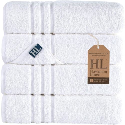 Hawmam Linen White Bath Towels 4 Pack 27 x 54 Inches 100% Turkish Cotton Soft Lightweight and Highly Absorbent Quick Drying Towels, Premium Quality Perfect for Daily Use