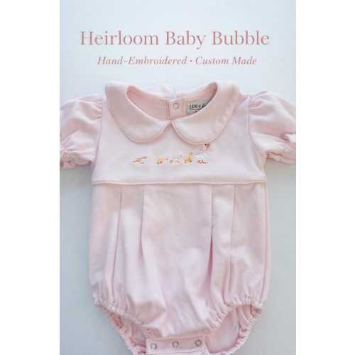 Pink Goose Baby Girl Bubble Romper | Peter Pan Collar | Embroidered Heirloom Outfit
