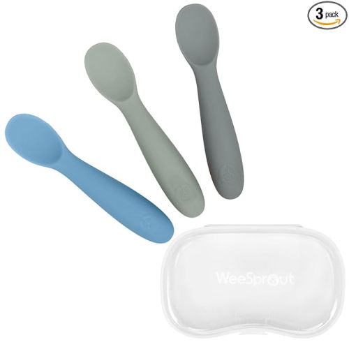 WeeSprout Baby Spoons for Self Feeding 6 Months +, Soft & Durable Silicone Utensils for Sensitive Gums & Teeth, Easy Grip Handles & Shorter Length for Little Hands, 3 Pack + Carrying Case