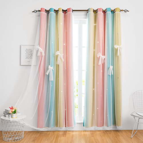 CshidWorld Blackout Curtains for Girls Kids Bedroom, Colorful Double Layer Star Cut Out Curtains for Girls Room Nursery Home Decor, 52''x 63'', 2 Panels