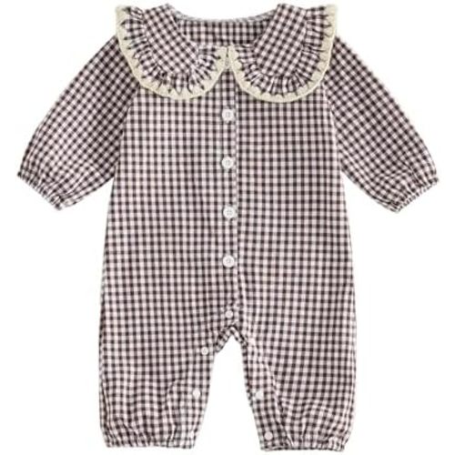 Baby Girl Gingham Romper Long Sleeve Onesie Plaid One Piece Jumpsuit