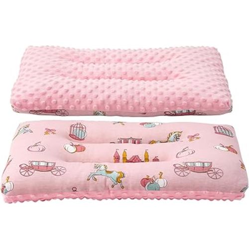 Reidio 1Pcs Toddler Pillow Double Sided Breathable Soft Cotton & Minky Dot Fabric Kids Pillow Cute Small Pillow Machine Washable (Pink Carriage)