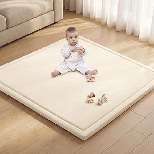 Baby Play Mat for Floor 50x50 Playpen Mat 1.3" Thick Elasti-Foam Padded Cushioning Non-Slip Playroom Tatami-Style Nursery Mat for Tummy Time & Crawling for Babies Toddlers Infants Beige