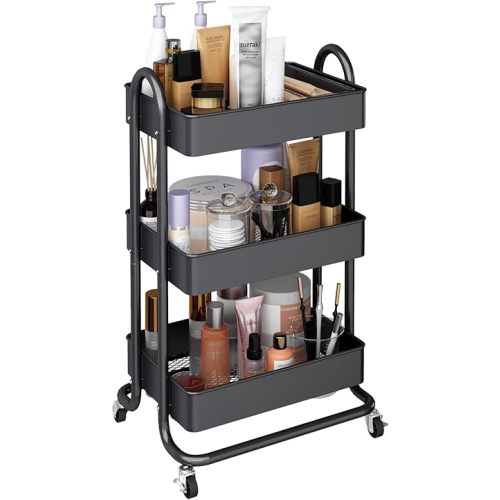 MIOCASA 3-Tier Metal Utility Rolling Cart, Heavy Duty Multifunction Cart with Lockable Casters, Easy to Assemble, Suitable for Office, Bathroom, Kitchen, Garden (Dark Gray, 3-Tier-Metal)