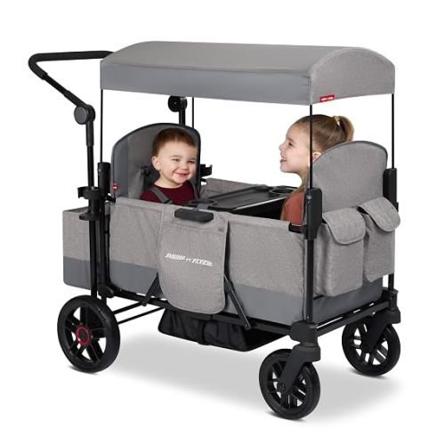 Radio Flyer Pathfinder 2-Seat Stroller Wagon, for Kids 6+ Months, UV Canopy | Compact Fold, All-Terrain Tires, Seats Convert to Flatbed, Snack Tray & Storage, Cup Holders