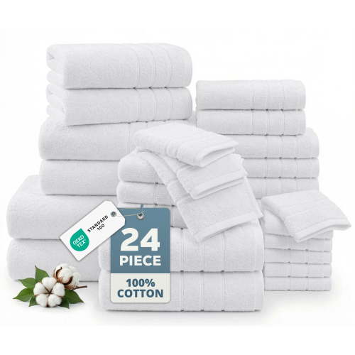 Casa Platino 100% Ring-Spun Cotton Bath Towels Set of 24 - 2 Bath Sheets, 2 Gym Towel, 2 Bath, 4 Fingertip, 6 Hand, 8 Washcloths, Gentle on Body, Quick Dry, Everyday Use – White