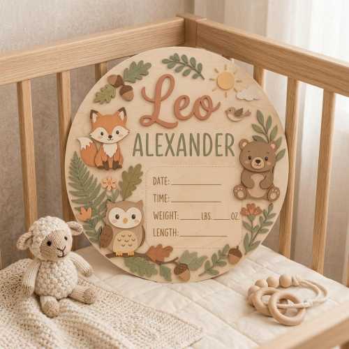 Personalized Newborn Birth Announcement Sign, Wooden Baby Name Sign, Woodland Nursery Decor, Baby Boy Birth Stat Sign, Custom Keepsake Gift