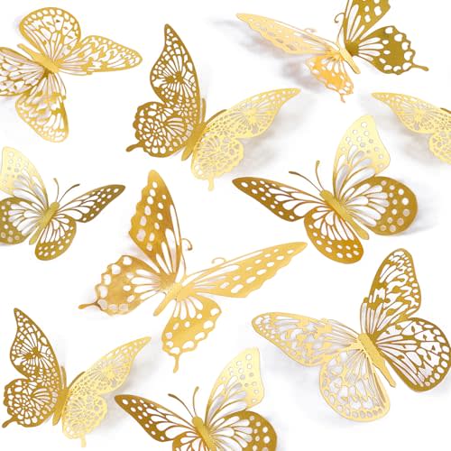 SAOROPEB 3D Butterfly Wall Decor - 48 Pcs, 4 Styles, 3 Sizes, Gold Butterfly Decorations for Birthday & Party Celebrations, Removable Stickers