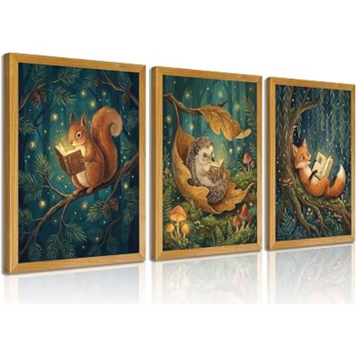 3Pcs Woodland Animal Nursery Wall Art Fox Hedgehog Squirrel Reading Poster