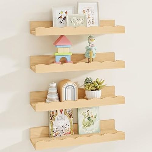 Fun Memories Picture Ledge Shelf for Wall, 16 inch Pine Wood Nursery Book Shelves Set of 4- Wall Book Shelves for Kids Room, Home Decor - Kitchen Spice-Natural