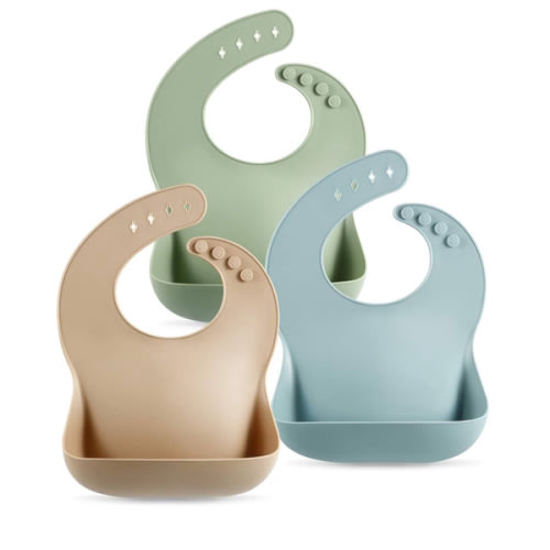 PandaEar Set of 3 Silicone Baby Bibs Waterproof, Soft, Unisex, 10-72 Months (Brown/Blue/Green)