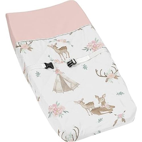 Sweet Jojo Designs Blush Pink, Mint Green and White Boho Changing Pad Cover for Woodland Deer Floral Collection