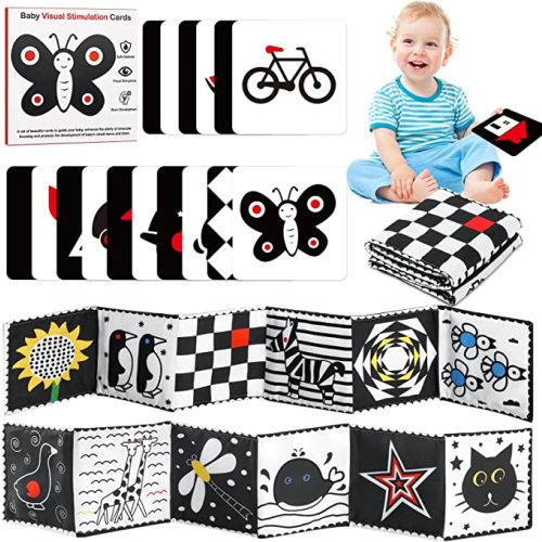 Black and White High Contrast Baby Book for Newborn with Baby Flashcards, Infant Tummy Time Soft Cloth Book Crib Toys, Washable Non-Toxic Early Educational Visual Stimulation Baby Toys
