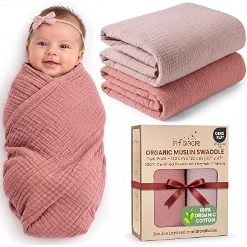 OEKO TEX 100% Organic Cotton 2 PK Baby Muslin Swaddle Blankets Girl 47x47in