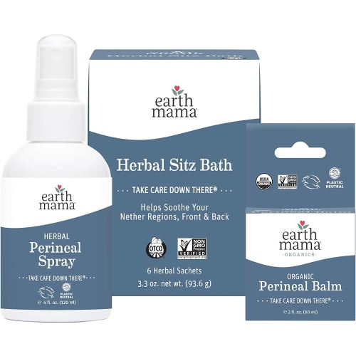 Earth Mama Postpartum Recovery Kit, Take Care Down There® Trifecta with Organic Perineal Balm, Sitz Bath & Herbal Peri Spray, 3-Piece Set