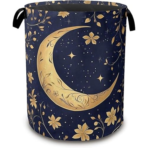 Boho Moon Laundry Basket,Leaves Flowers Collapsible Laundry Baskets with Handles,Waterproof Oxford Cloth Storage Basket 16"x20" for Bathroom/Bedroom/Dormitories