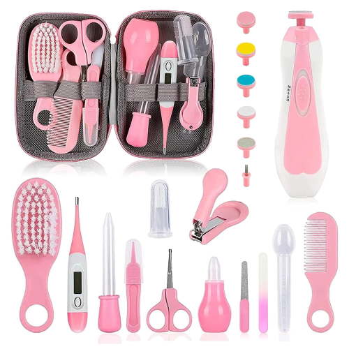 EXLEAF Baby Grooming Kit,Infant Safety Care Set with Hair Brush Comb Nail Clipper Nasal Aspirator,Baby Essentials Kit for Newborn Girls Boys Baby Sets for Newborn Essentials (Pink 20 in 1)