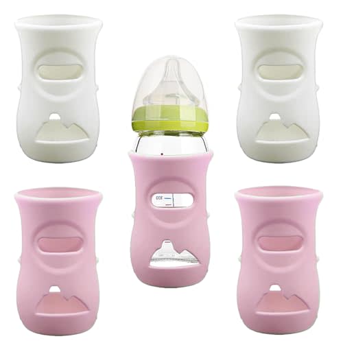 QinSuiKai 4 Pack Silicone Sleeves for Avent Natural Glass Baby Bottles, Anti Breakage Baby Bottle Holder, Compatible with Philips Avent Glass Natural Baby Bottle, BPA Free (Pink White, 8 OZ)