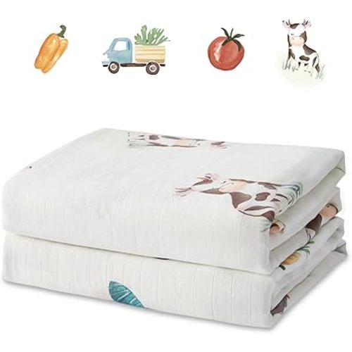 Bamboo Muslin Swaddle Blankets, 2 Pack 47x47 Inch Soft Breathable Hypoallergenic Baby Blanket, Farm Friends