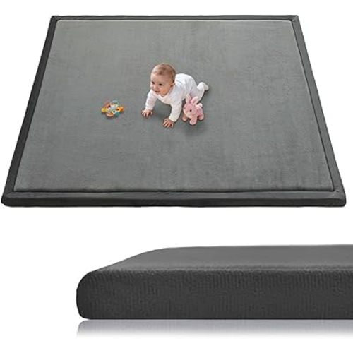 Baby Play Mat for Floor, 1.3 Inch Thick Memory Foam Tummy Time Mat with Non Slip Backing, Soft Coral Velvet 50×50 Inch Playpen Mat Crawling Tatami for Infants Toddlers Kids, Dark Gray