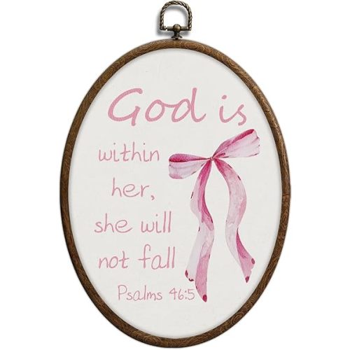 Coquette Pink Bow Christian Oval Wall Art, Bible Verse Scripture Oval Framed Wall Art, Waterproof Cottage Core Home Decor for Western Farmhouse Bedroom Living Room, Home Retro Decor Products, 05