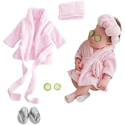 SPOKKI Newborn Photography Props Baby Girl 5 PCS Bathrobes Bath Towel Outfit with Slippers Cucumber Photo Props for Infant Boys Girls(0-6 Months) (Pink)