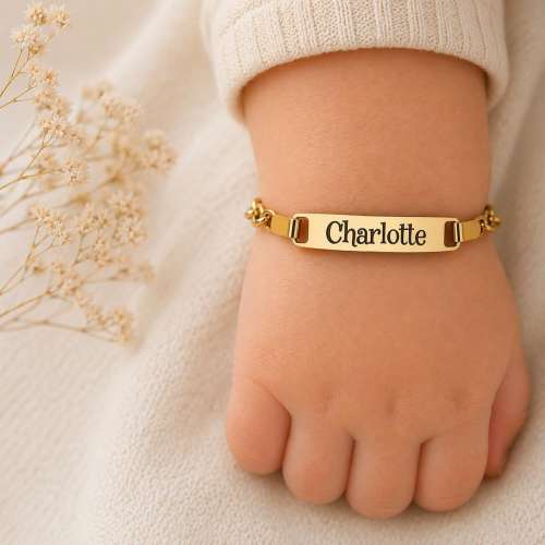 Custom Engraved Baby Name Bracelet, Newborn Gold Plated Stainless Steel Toddler ID Jewelry