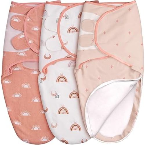 GLLQUEN BABY 3-Pack Swaddle Sleep Sacks - Newborn to 3 Months, Zipper, Rainbow & Sun Pattern (Small/Medium)