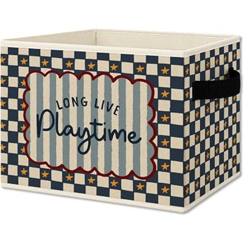 Kids Playroom Cube Storage Bins with Handles, Long Live Playtime Blue Checkered Collapsible Fabric Storage Basket Boxes Toys Books Clothes Organizer for Kids Boys Bedroom Playroom Bathroom