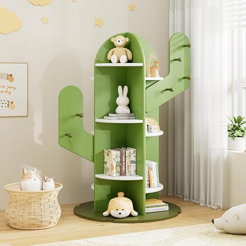 Tree Kids Bookshelf, 6-Tier Montessori Bookshelf with Hook for Toy and Book Storage, Wooden Children's Bookcase for Playroom, and Nursery, Ideal Storage Organizer for Toddlers and Children, Green