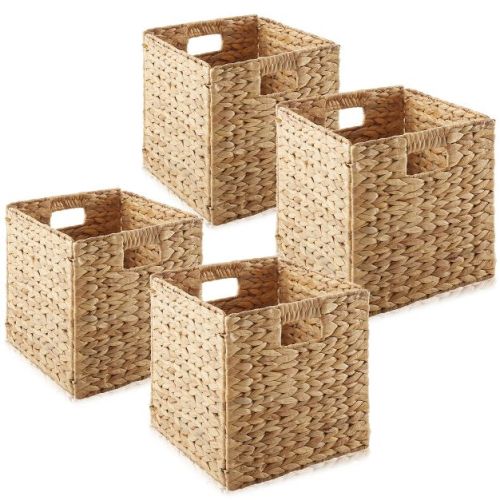 Casafield 10.5" x 10.5" Water Hyacinth Storage Baskets, Natural - Set of 4 Collapsible Cubes, Woven Bin Organizers for Bathroom, Bedroom, Laundry