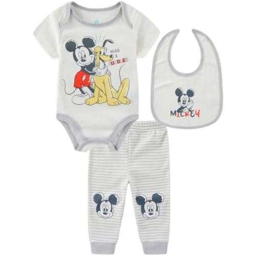 Disney Mickey Mouse Winnie the Pooh Stitch Baby Boys Bodysuit with Bib and Pants 3 Piece Set for Newborn Infants