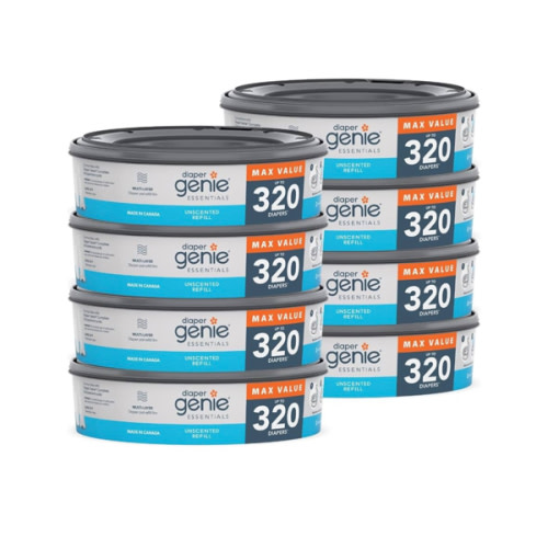 Diaper Genie Essentials Round Refill 8-Pack | Holds Up to 2560 Newborn Diapers | Features Unscented Continuous Film | Compatible with Diaper Genie Complete and Expressions Pails,8 Count (Pack of 1)