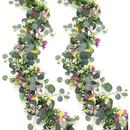 2 Pack 5.68 FT Artificial Daisy Garland with 3D Butterfly, Hanging Fake Flowers Greenery Eucalyptus Garland Floral Vines for Wedding Table Home Room Sping Decor