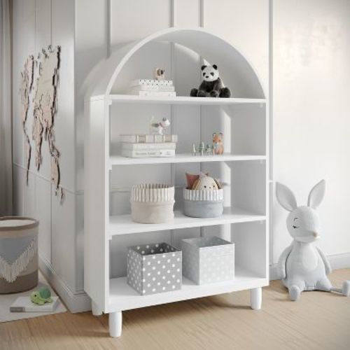 Buzz & Bloom Wood Open Bookshelf with Covered Rounded Top, 4 Shelves, and Cylindrical Legs