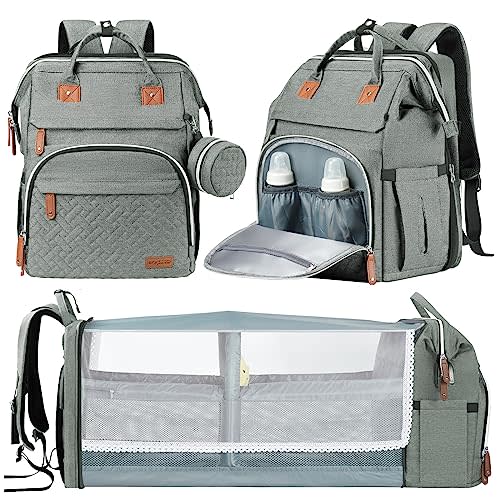 DERJUNSTAR Baby Diaper Bag Backpack with ChangingStation-Large Capacity Baby Bag for Boys & Girls, USBCharging Port, Pacifier Case, sunshade & Toy Bar,Waterproof, Ash Grey
