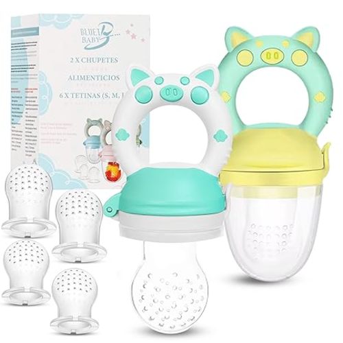 Bluet B- Baby Fruit Feeder Pacifier - BPA-Free Silicone Baby Food Feeder for Self-Feeding - Teething Relief - 4+ Months, 6 Silicone Nipples - 2 Pack Fresh Fruit Pacifier Frozen Teether (Green)