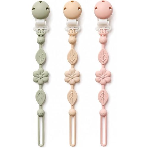 Pacifier Clips for Baby Silicone Pacifier Holder Clips for Boys Girls One Piece Baby Binky Clips YIVEKO Pacifier Clips Flower 3Pcs-Ivory+Sage+Blush